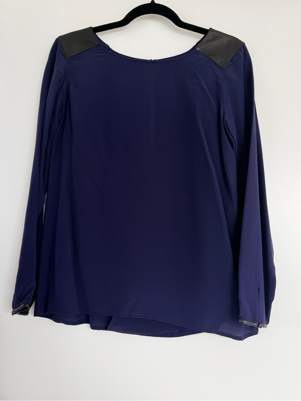 Club Monaco Silk Navy Blouse With Black Leather Shoulder Accents And Open Back